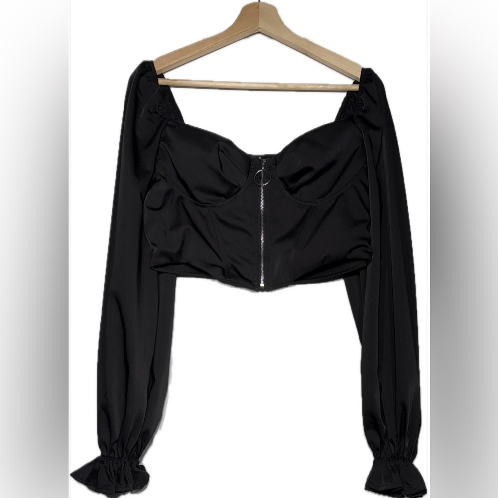 Windsor Black Crop Bustier Blouse with Long Ruffled Sleeves
